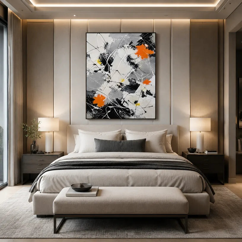 Abstract Expressionist abstract oil painting showing black and white linear abstraction with orange accents, contemporary wall art.