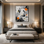 Abstract Expressionist abstract oil painting showing black and white linear abstraction with orange accents, contemporary wall art.