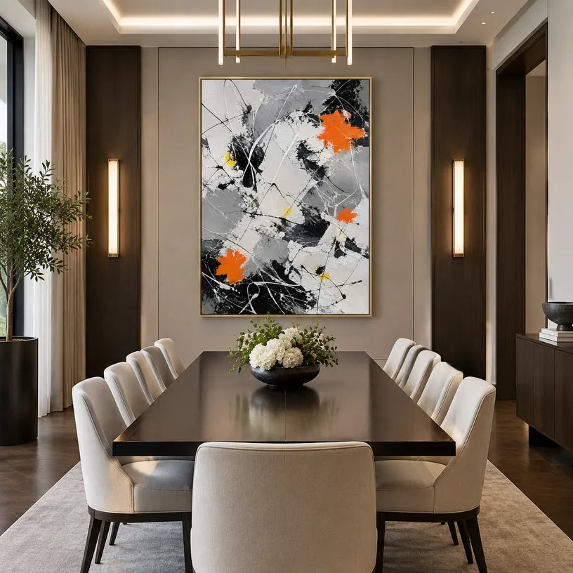 Abstract Expressionist abstract oil painting showing black and white linear abstraction with orange accents, contemporary wall art.