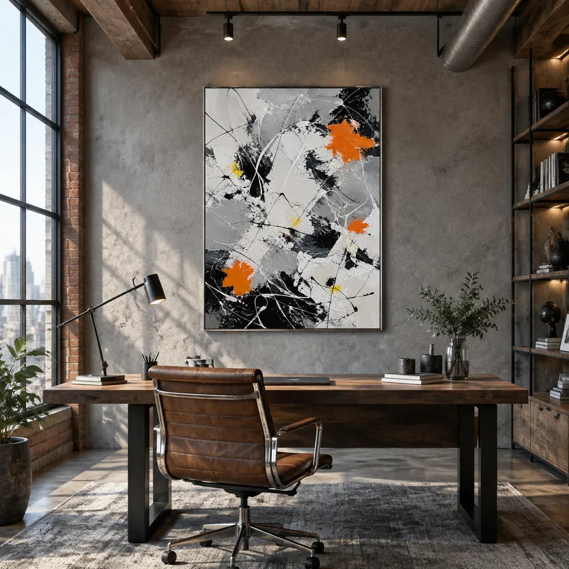 Abstract Expressionist abstract oil painting showing black and white linear abstraction with orange accents, contemporary wall art.
