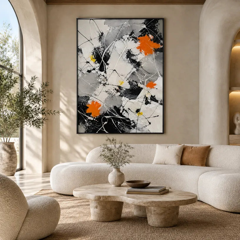 Abstract Expressionist abstract oil painting showing black and white linear abstraction with orange accents, contemporary wall art.