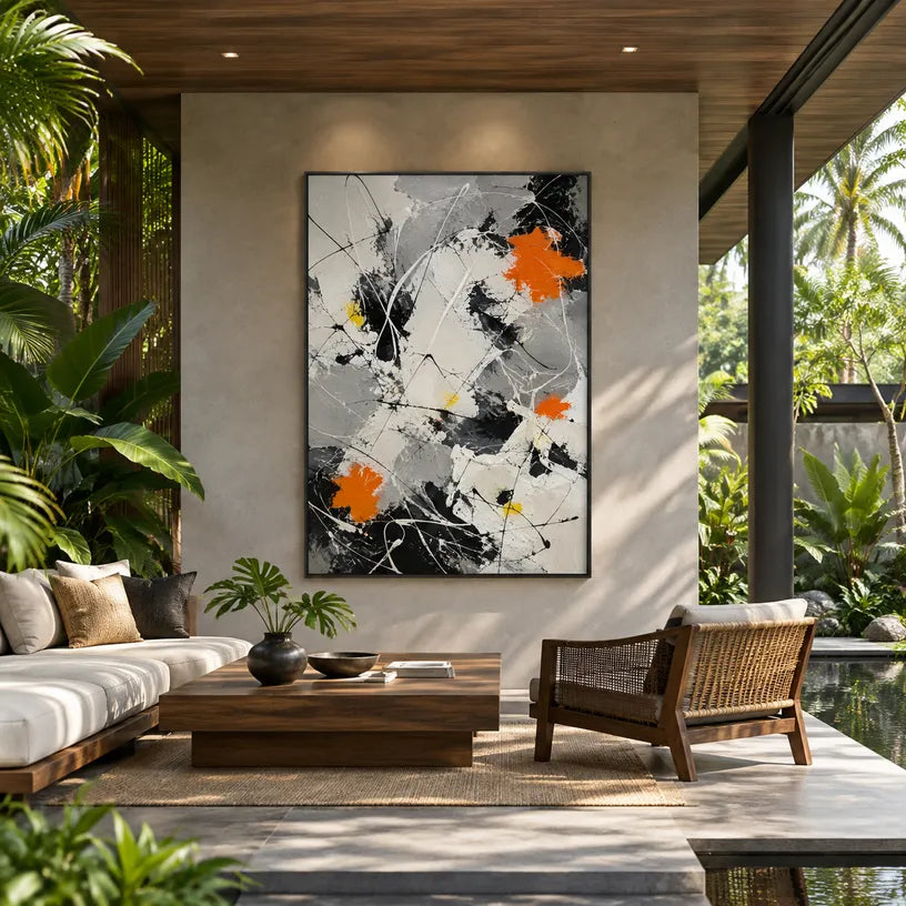 Abstract Expressionist abstract oil painting showing black and white linear abstraction with orange accents, contemporary wall art.