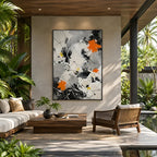 Abstract Expressionist abstract oil painting showing black and white linear abstraction with orange accents, contemporary wall art.
