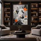 Abstract Expressionist abstract oil painting showing black and white linear abstraction with orange accents, contemporary wall art.