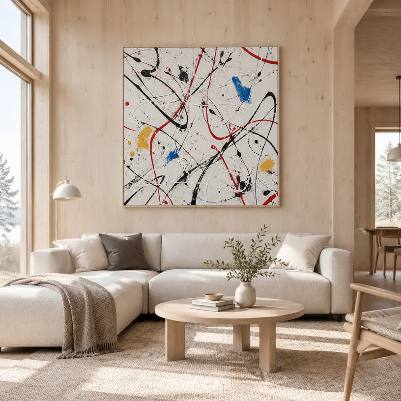 Abstract Expressionist abstract oil painting showing expressive linear marks on a light textured ground, contemporary wall art.
