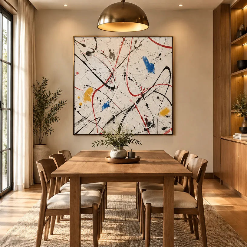 Abstract Expressionist abstract oil painting showing expressive linear marks on a light textured ground, contemporary wall art.