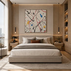 Abstract Expressionist abstract oil painting showing expressive linear marks on a light textured ground, contemporary wall art.