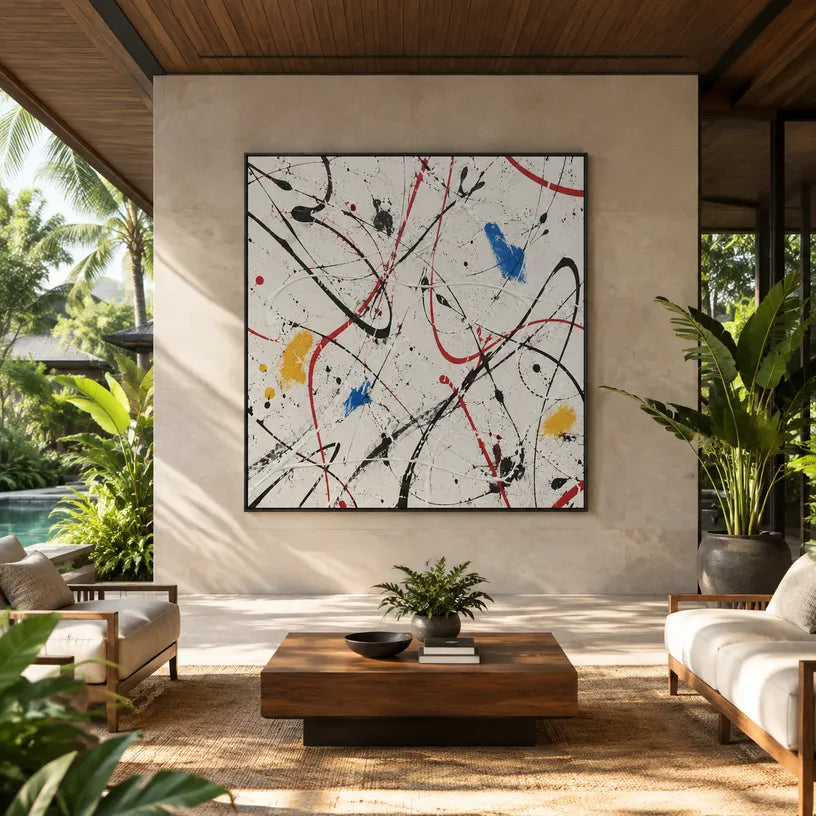 Abstract Expressionist abstract oil painting showing expressive linear marks on a light textured ground, contemporary wall art.