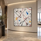 Abstract Expressionist abstract oil painting showing expressive linear marks on a light textured ground, contemporary wall art.