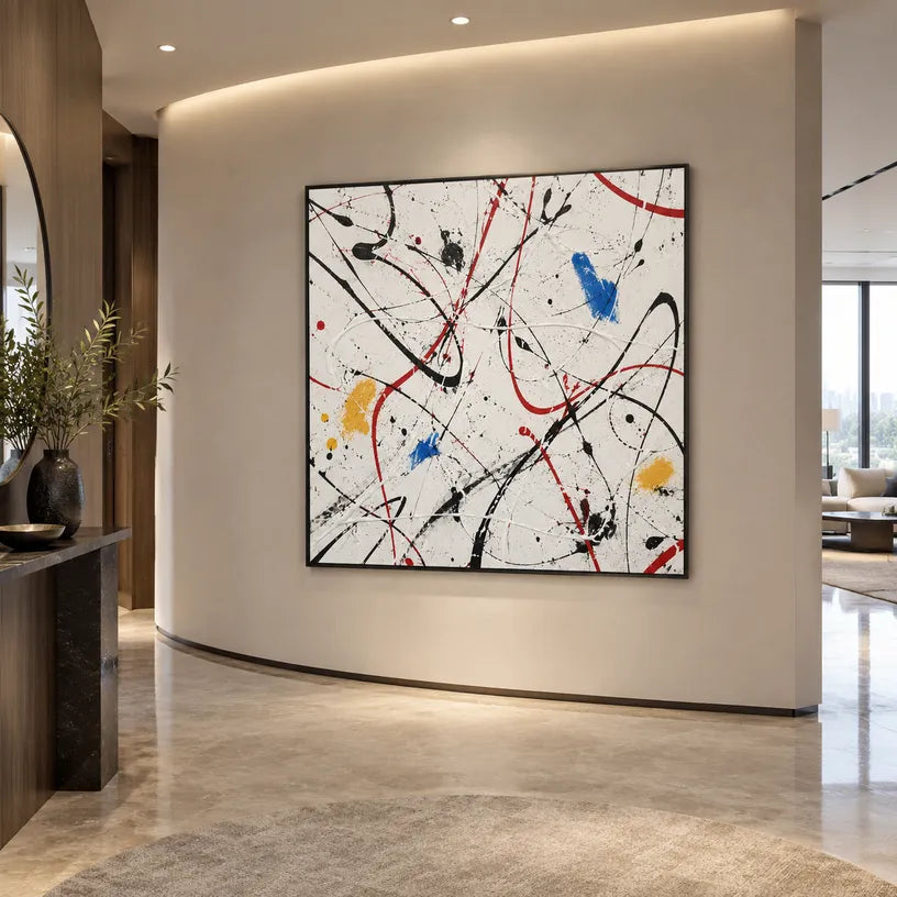 Abstract Expressionist abstract oil painting showing expressive linear marks on a light textured ground, contemporary wall art.