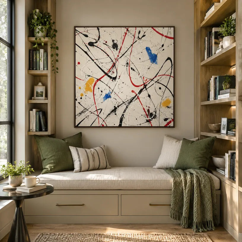 Abstract Expressionist abstract oil painting showing expressive linear marks on a light textured ground, contemporary wall art.