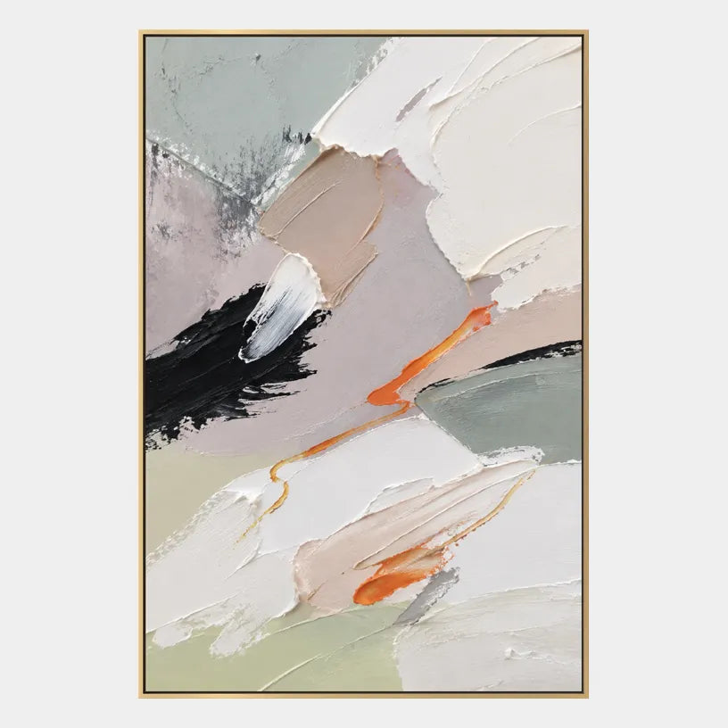 Abstract Expressionist abstract oil painting showing white and grey impasto with small dark and orange marks in a grey palette, contemporary wall art.