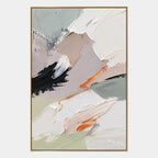 Abstract Expressionist abstract oil painting showing white and grey impasto with small dark and orange marks in a grey palette, contemporary wall art.