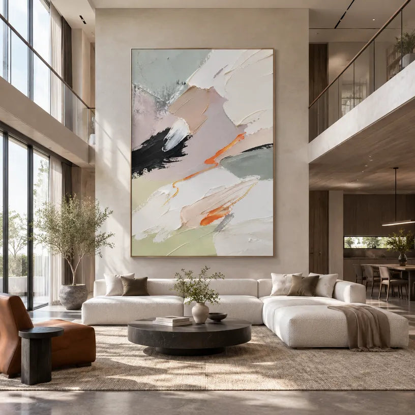 Abstract Expressionist abstract oil painting showing white and grey impasto with small dark and orange marks in a grey palette, contemporary wall art.