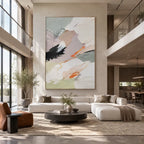 Abstract Expressionist abstract oil painting showing white and grey impasto with small dark and orange marks in a grey palette, contemporary wall art.