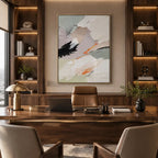 Abstract Expressionist abstract oil painting showing white and grey impasto with small dark and orange marks in a grey palette, contemporary wall art.