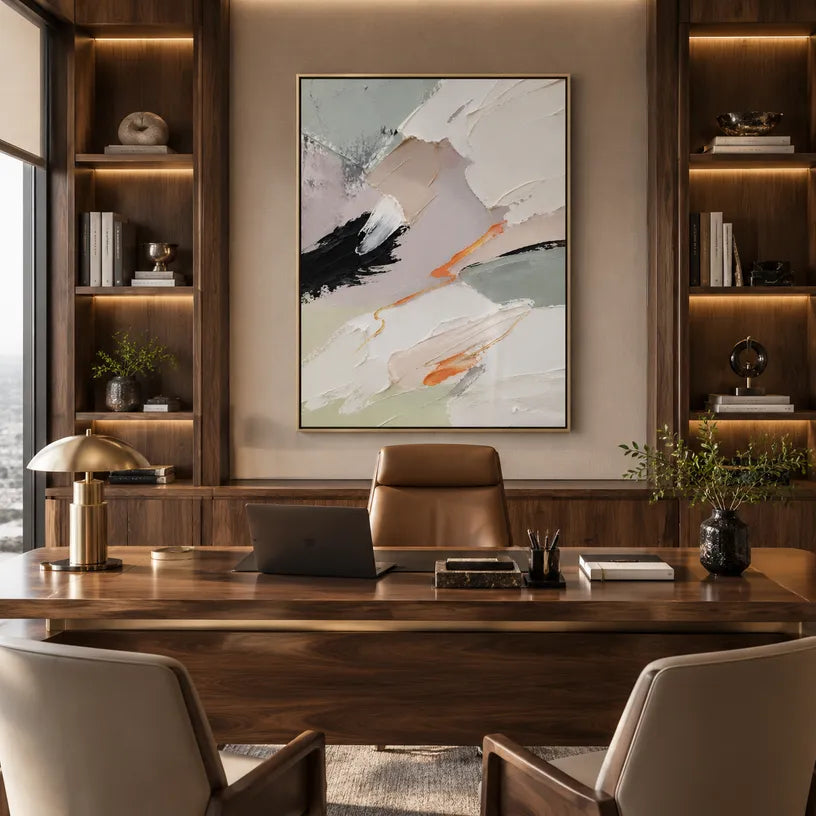 Abstract Expressionist abstract oil painting showing white and grey impasto with small dark and orange marks in a grey palette, contemporary wall art.
