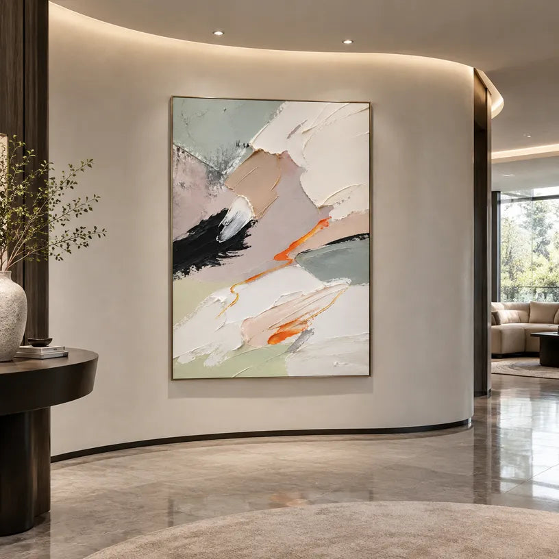 Abstract Expressionist abstract oil painting showing white and grey impasto with small dark and orange marks in a grey palette, contemporary wall art.