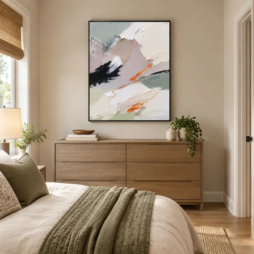 Abstract Expressionist abstract oil painting showing white and grey impasto with small dark and orange marks in a grey palette, contemporary wall art.
