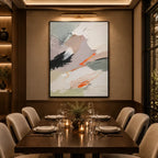 Abstract Expressionist abstract oil painting showing white and grey impasto with small dark and orange marks in a grey palette, contemporary wall art.