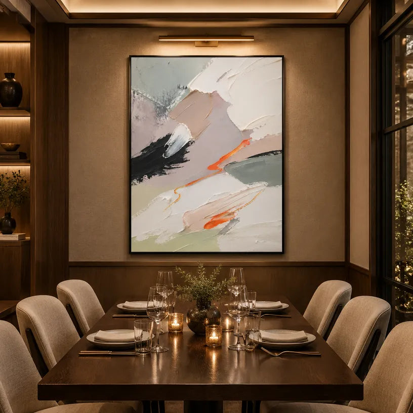 Abstract Expressionist abstract oil painting showing white and grey impasto with small dark and orange marks in a grey palette, contemporary wall art.
