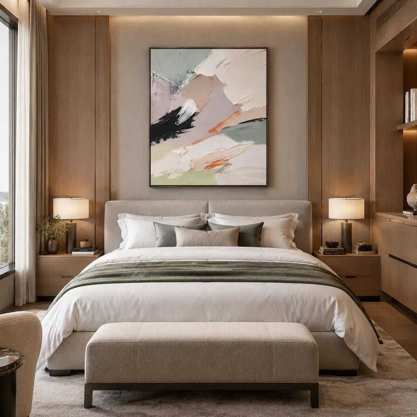 Abstract Expressionist abstract oil painting showing white and grey impasto with small dark and orange marks in a grey palette, contemporary wall art.