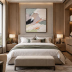 Abstract Expressionist abstract oil painting showing white and grey impasto with small dark and orange marks in a grey palette, contemporary wall art.