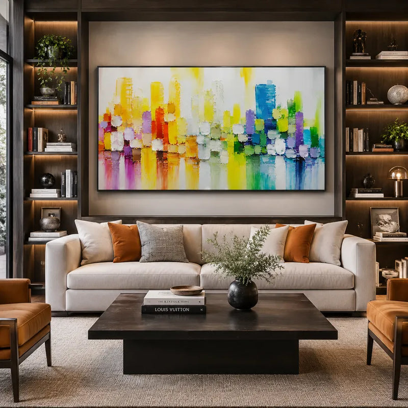 Colorato dipinto a olio astratto e concettuale con segni astratti stratificati, consistenza e movimento pittorico espressivo.