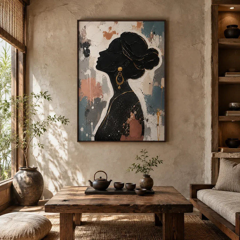 Colorful portraiture & figure oil painting showing a stylized figure or portrait with expressive painterly shapes in a black palette.