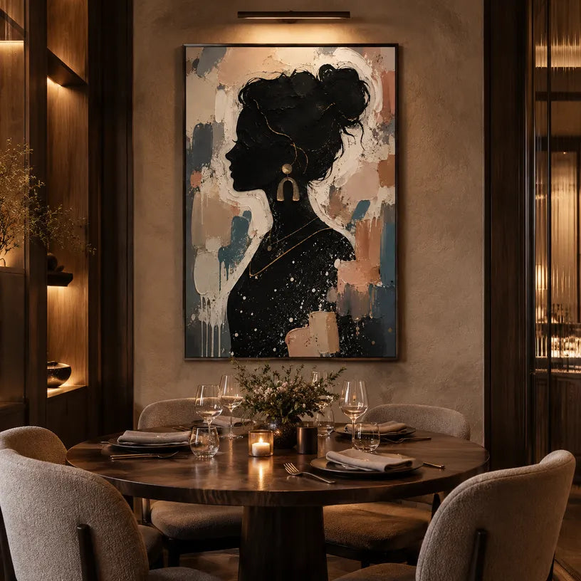 Colorful portraiture & figure oil painting showing a stylized figure or portrait with expressive painterly shapes in a black palette.