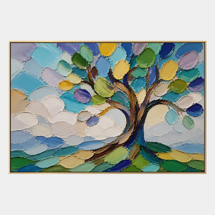 Colorato dipinto a olio floreale/botanico e naturalistico con forme botaniche, fiori o elementi naturali in una composizione pittorica in una tavolozza blu.