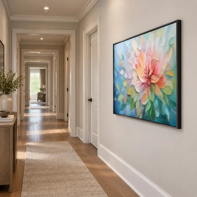 Colorful floral/botanicals & nature oil painting showing botanical forms, flowers or trees arranged in a calm painterly composition in a blue palette.