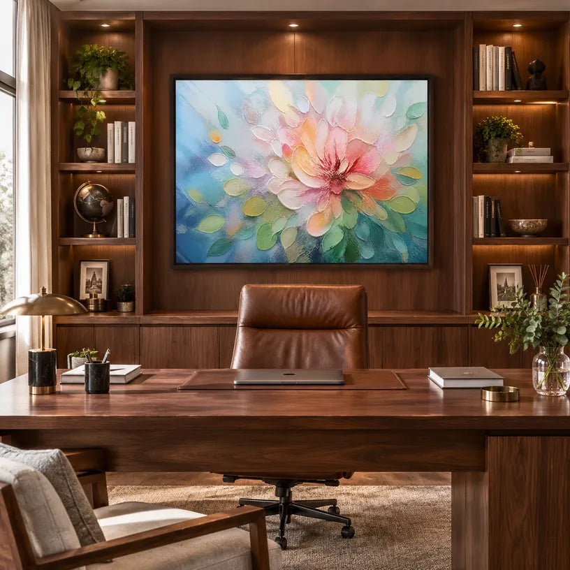 Colorful floral/botanicals & nature oil painting showing botanical forms, flowers or trees arranged in a calm painterly composition in a blue palette.