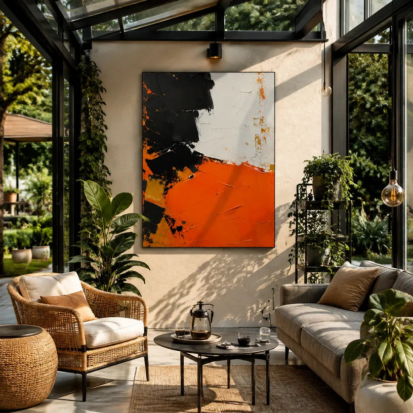 Colorful abstract oil painting showing layered abstract marks, texture and expressive painterly movement in a orange palette.