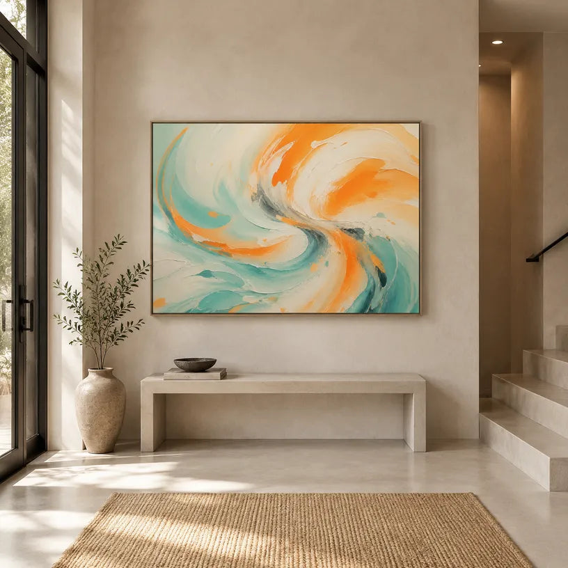 Colorful abstract oil painting showing layered abstract marks, texture and expressive painterly movement.