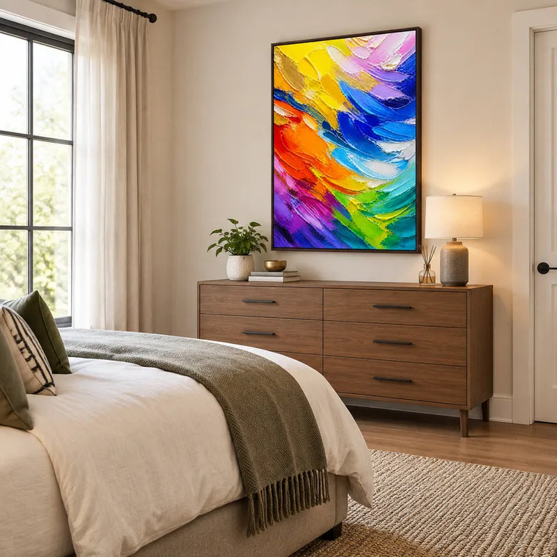 Pintura al óleo abstracta y conceptual colorida que presenta marcas abstractas en capas, textura y movimiento pictórico expresivo.