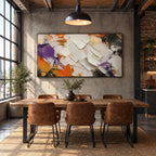 Colorful abstract oil painting showing layered abstract marks, texture and expressive painterly movement.
