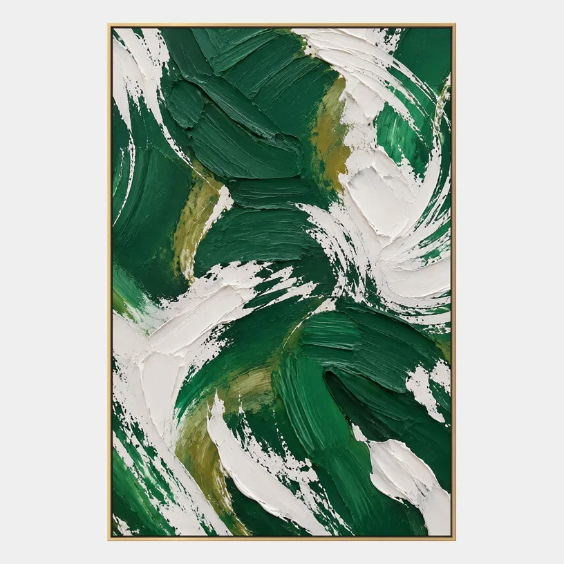 Colorful abstract oil painting showing layered abstract marks, texture and expressive painterly movement in a green palette.