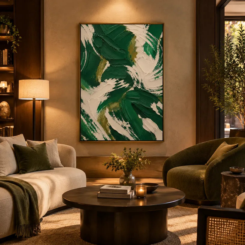 Colorful abstract oil painting showing layered abstract marks, texture and expressive painterly movement in a green palette.
