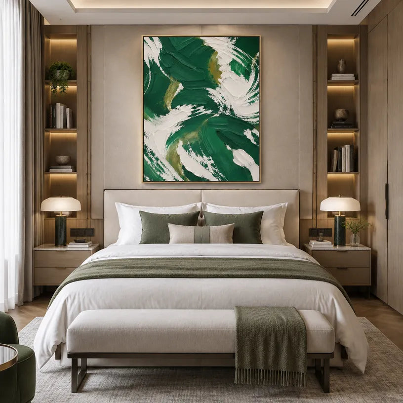 Colorful abstract oil painting showing layered abstract marks, texture and expressive painterly movement in a green palette.