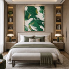 Colorful abstract oil painting showing layered abstract marks, texture and expressive painterly movement in a green palette.