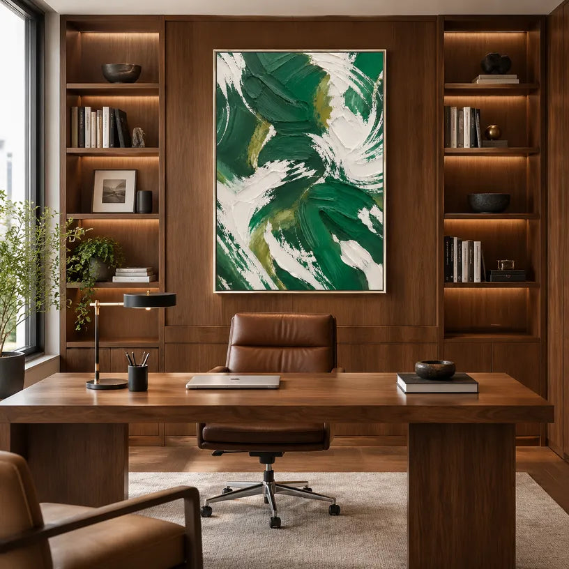 Colorful abstract oil painting showing layered abstract marks, texture and expressive painterly movement in a green palette.