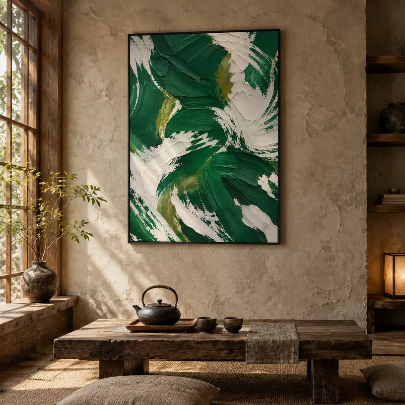 Colorful abstract oil painting showing layered abstract marks, texture and expressive painterly movement in a green palette.