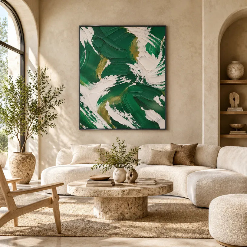 Colorful abstract oil painting showing layered abstract marks, texture and expressive painterly movement in a green palette.