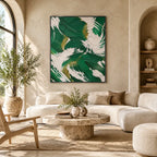 Colorful abstract oil painting showing layered abstract marks, texture and expressive painterly movement in a green palette.