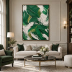 Colorful abstract oil painting showing layered abstract marks, texture and expressive painterly movement in a green palette.