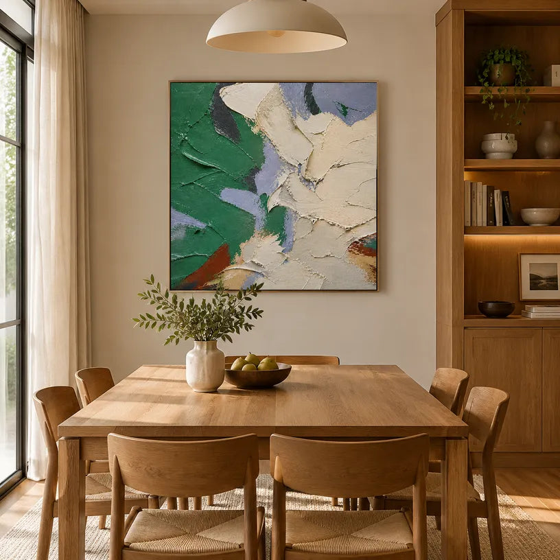 Colorful abstract oil painting showing layered abstract marks, texture and expressive painterly movement in a grey palette.