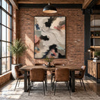 Colorful abstract oil painting showing layered abstract marks, texture and expressive painterly movement in a brown palette.