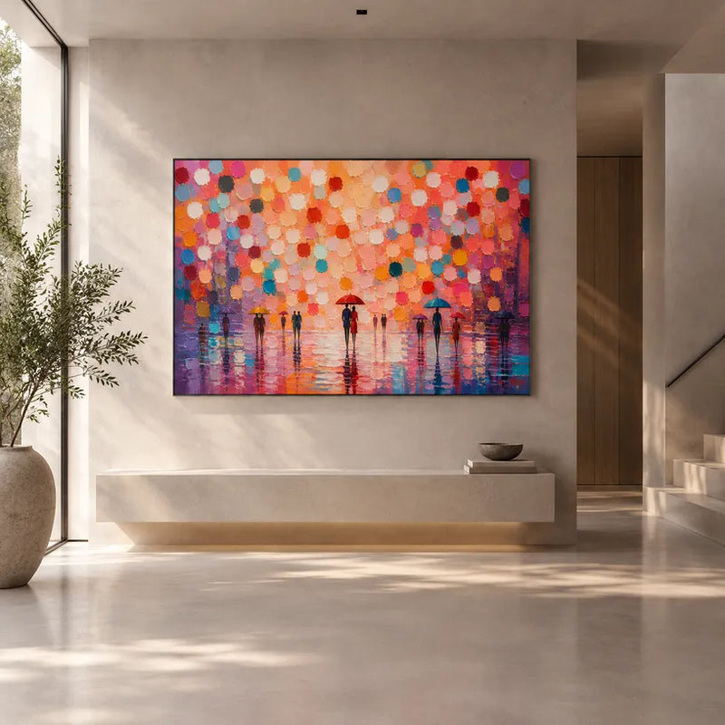 Dipinto a olio con paesaggi colorati, paesaggi marini e paesaggi urbani, caratterizzato da una composizione ispirata a un paesaggio atmosferico, un paesaggio marino o una città in una tavolozza arancione.
