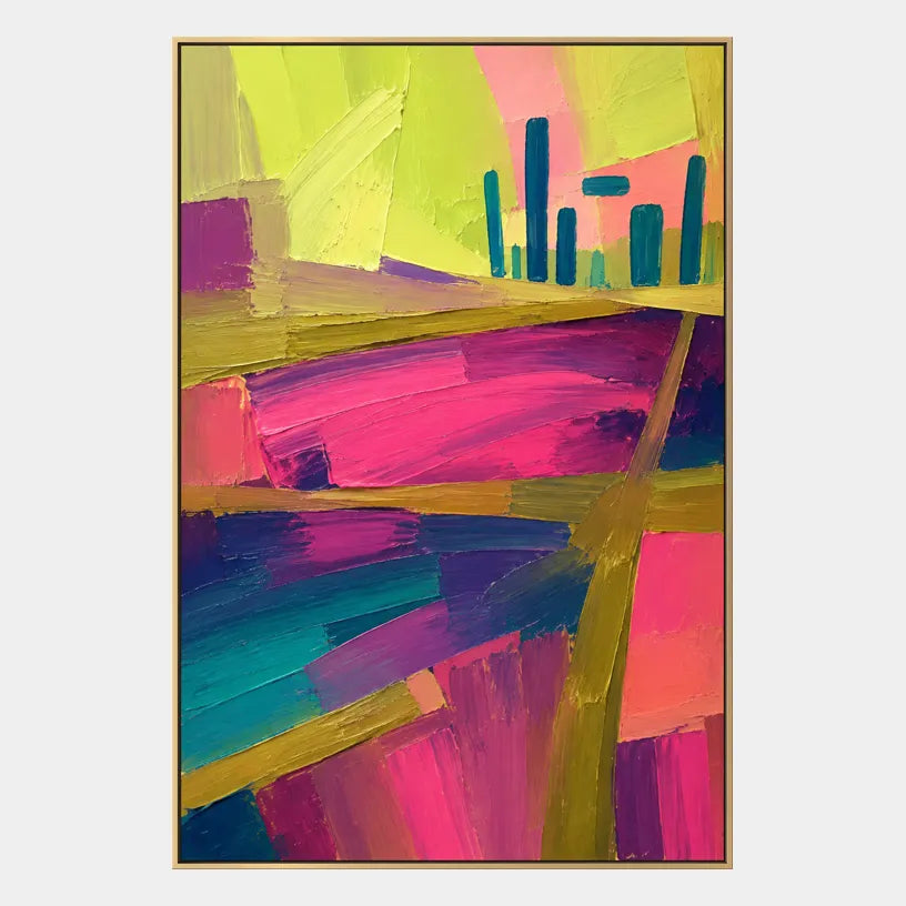 Colorful abstract oil painting showing layered abstract marks, texture and expressive painterly movement in a yellow palette.